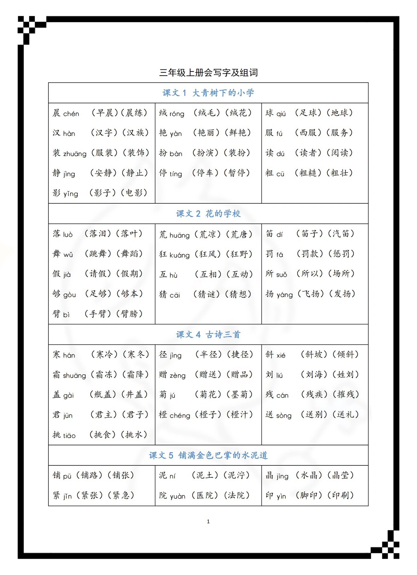 三年级上册语文全册会写字拼音组词🔥