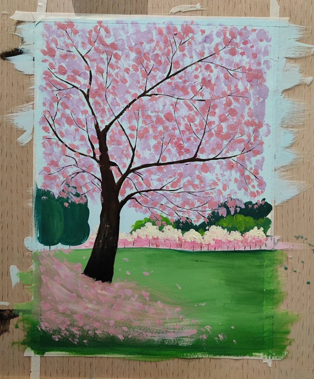儿童水粉画 春天的景色 樱花94树