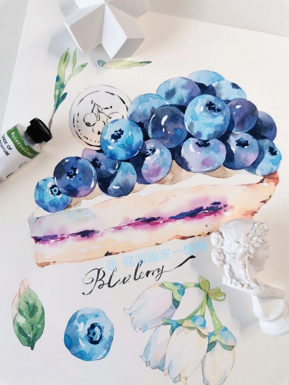 水彩手绘61[蓝色心形r]蓝莓蛋糕 有蓝莓的食物
