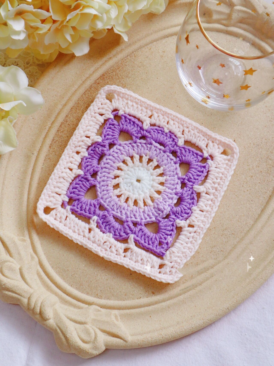 温柔渐变紫色手工钩针编织方形杯垫|附图解 背心钩完,余了一点紫色