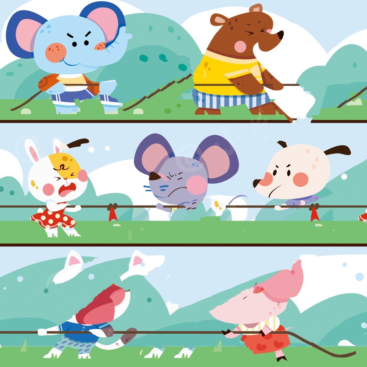 原创插画|扁平风小动物拔河~猪猪加油!
