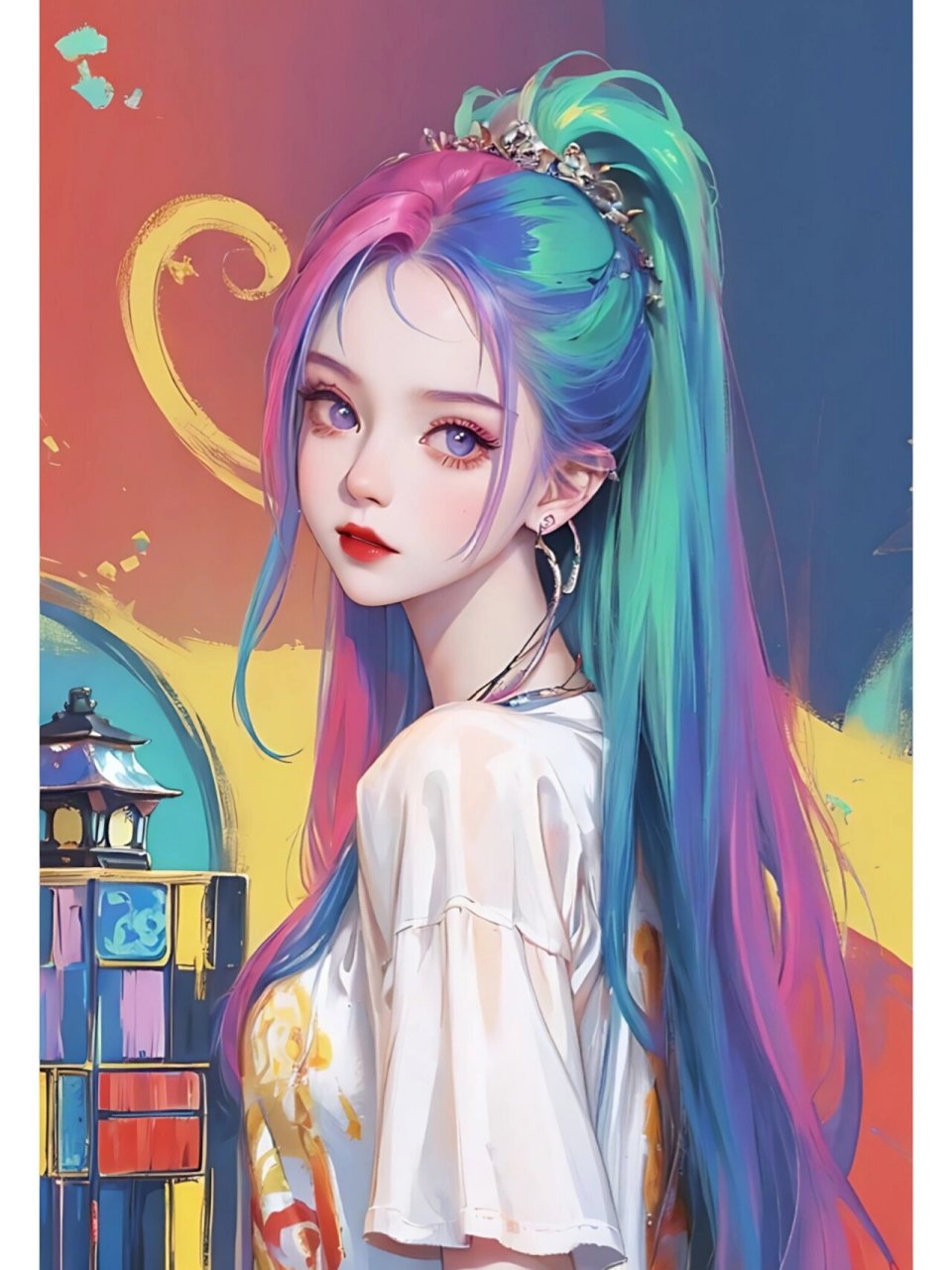 五彩缤纷,彩虹马尾元气女孩头像96 #好看的女生头像# #氛围感头像