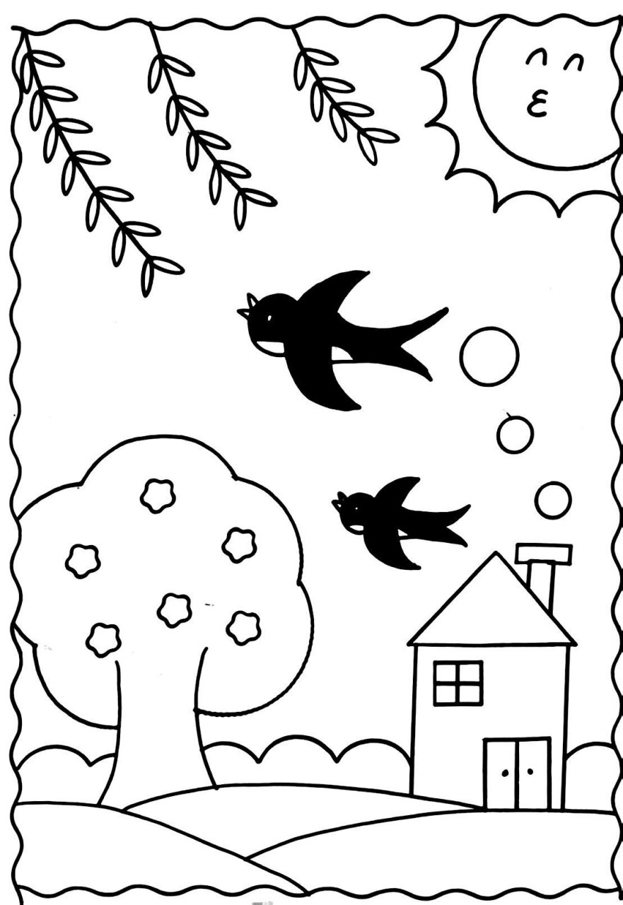 春天主题画,线稿图可打印哦 简单漂亮的春天手抄报,线稿图可以保存