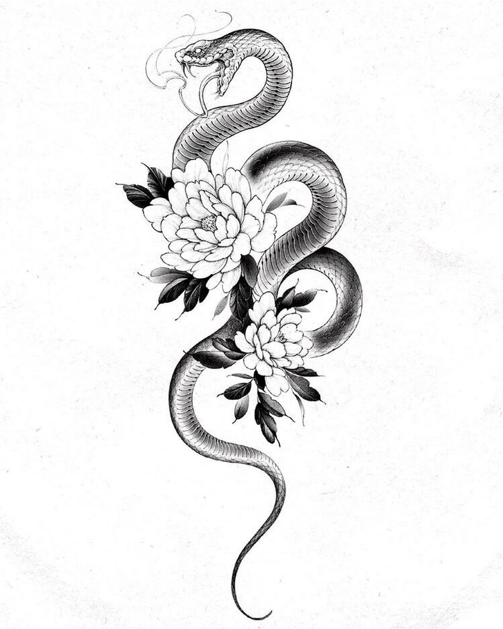 素花,蛇纹身手稿  | 女生纹身图案分享 · 	 女生素花×蛇纹身手稿