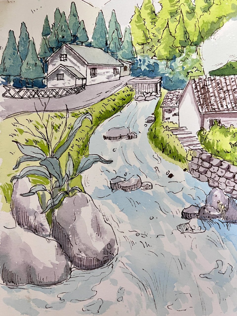 简单水粉画 小桥流水人家#水粉画# #幼儿园考编绘画