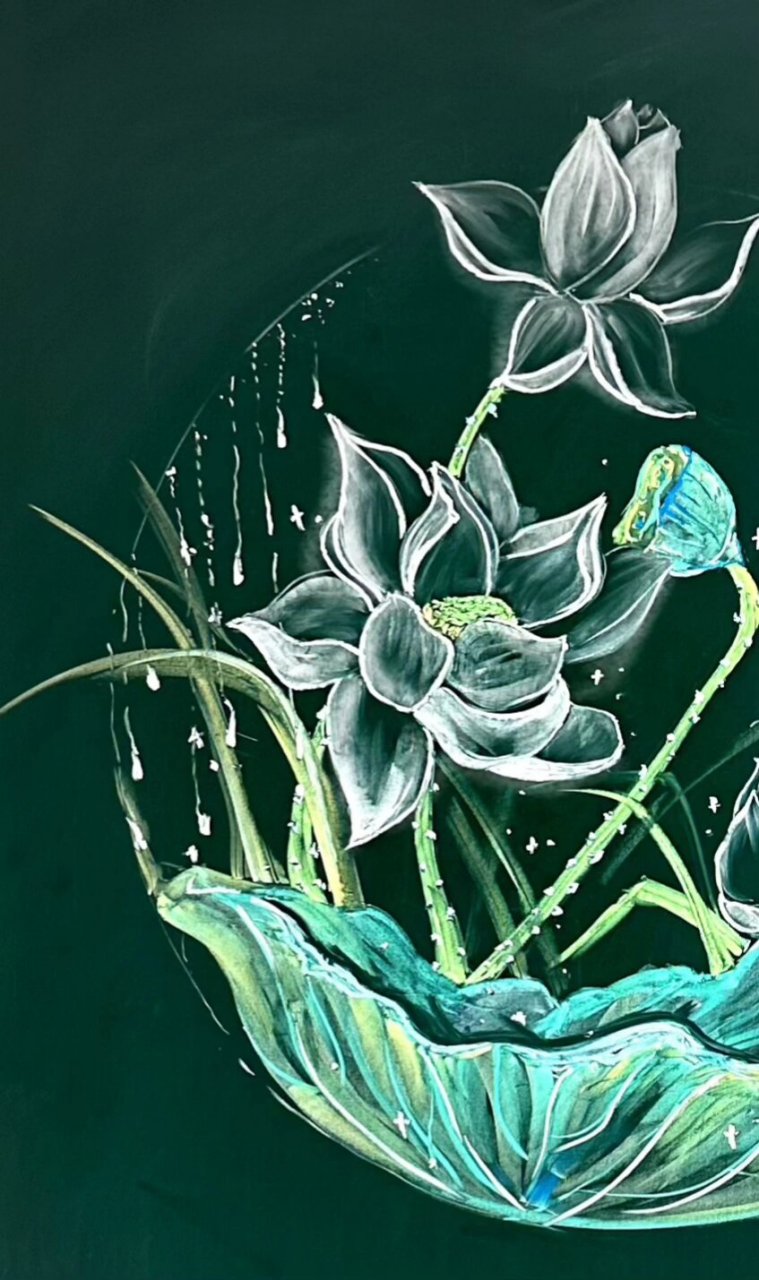荷花粉笔画黑板画        黑板画,荷花,素材,黑板报素材中秋粉笔画
