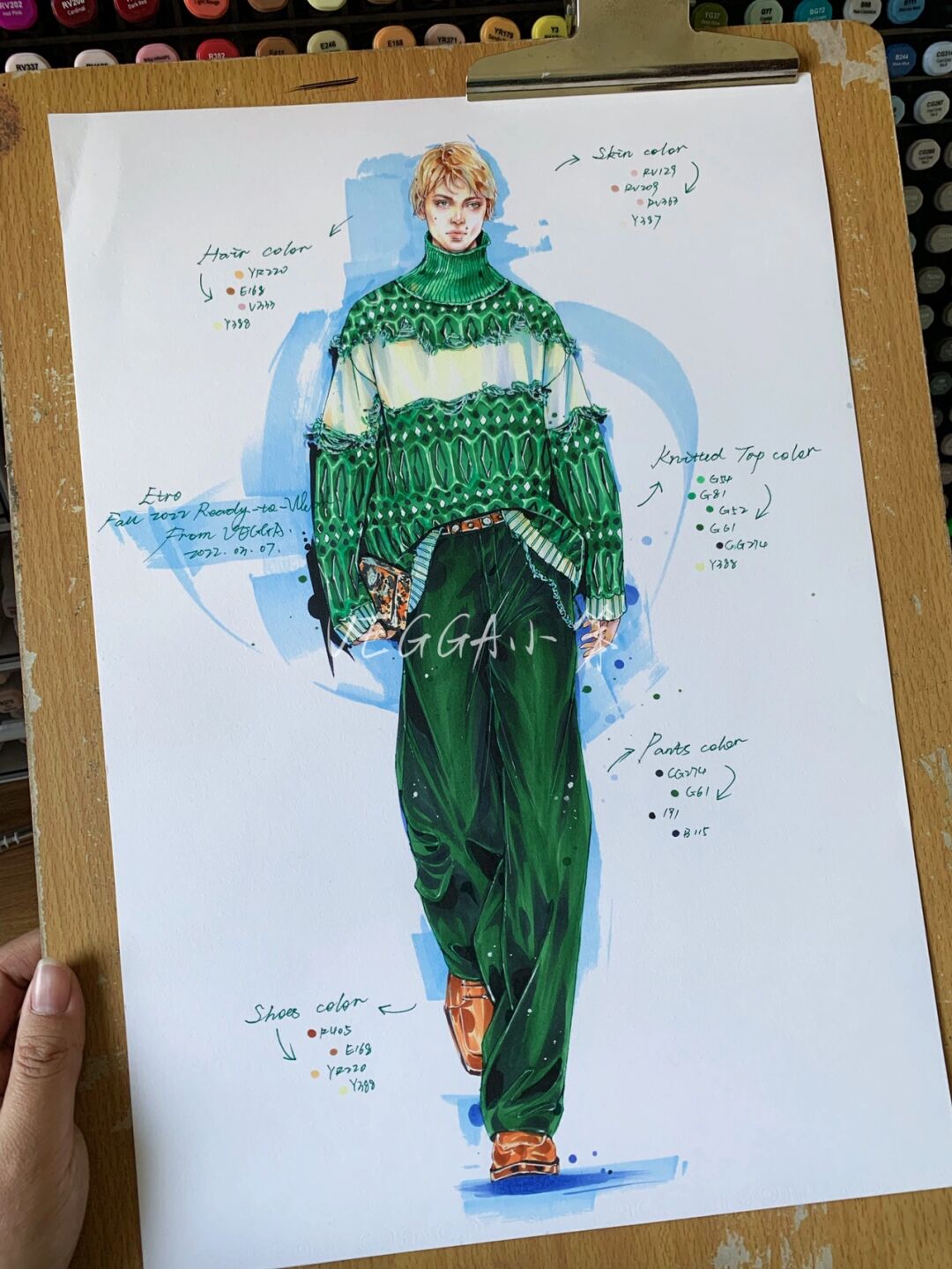 绘画##丝绒面料马克笔针织面料手绘"4"套女装系列设计师手绘彩色效果