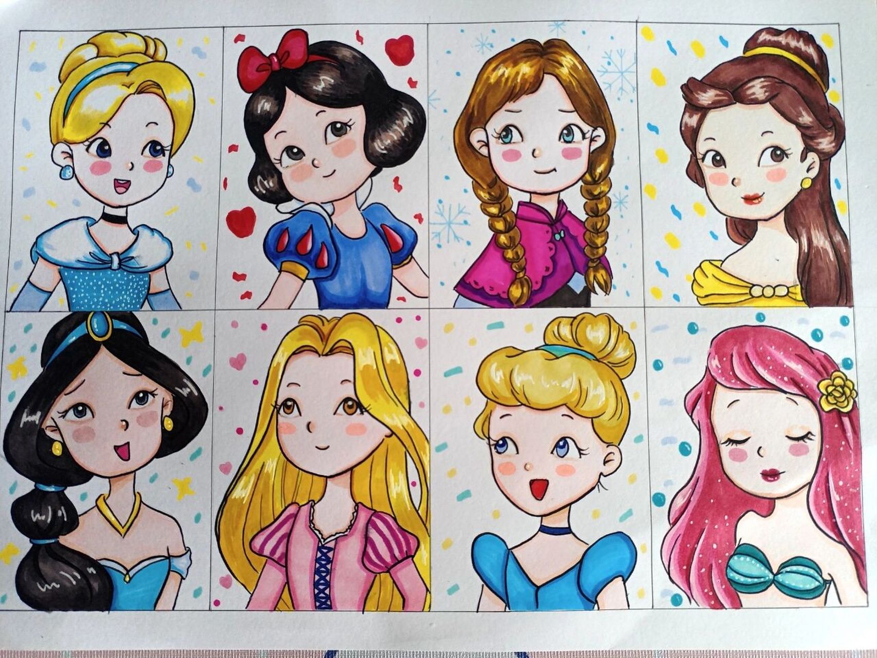 迪士尼公主集合啦! #马克笔手绘# #画画# #公主简笔画# #治愈