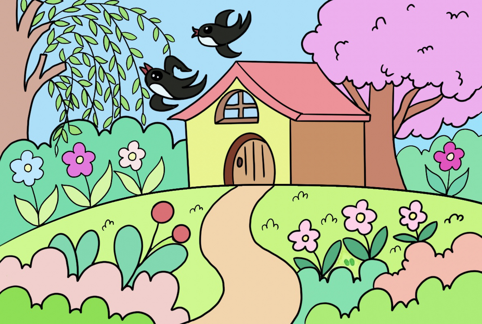 春天来了儿童画 房子卡通画主题花 春天来了儿童穿创意画