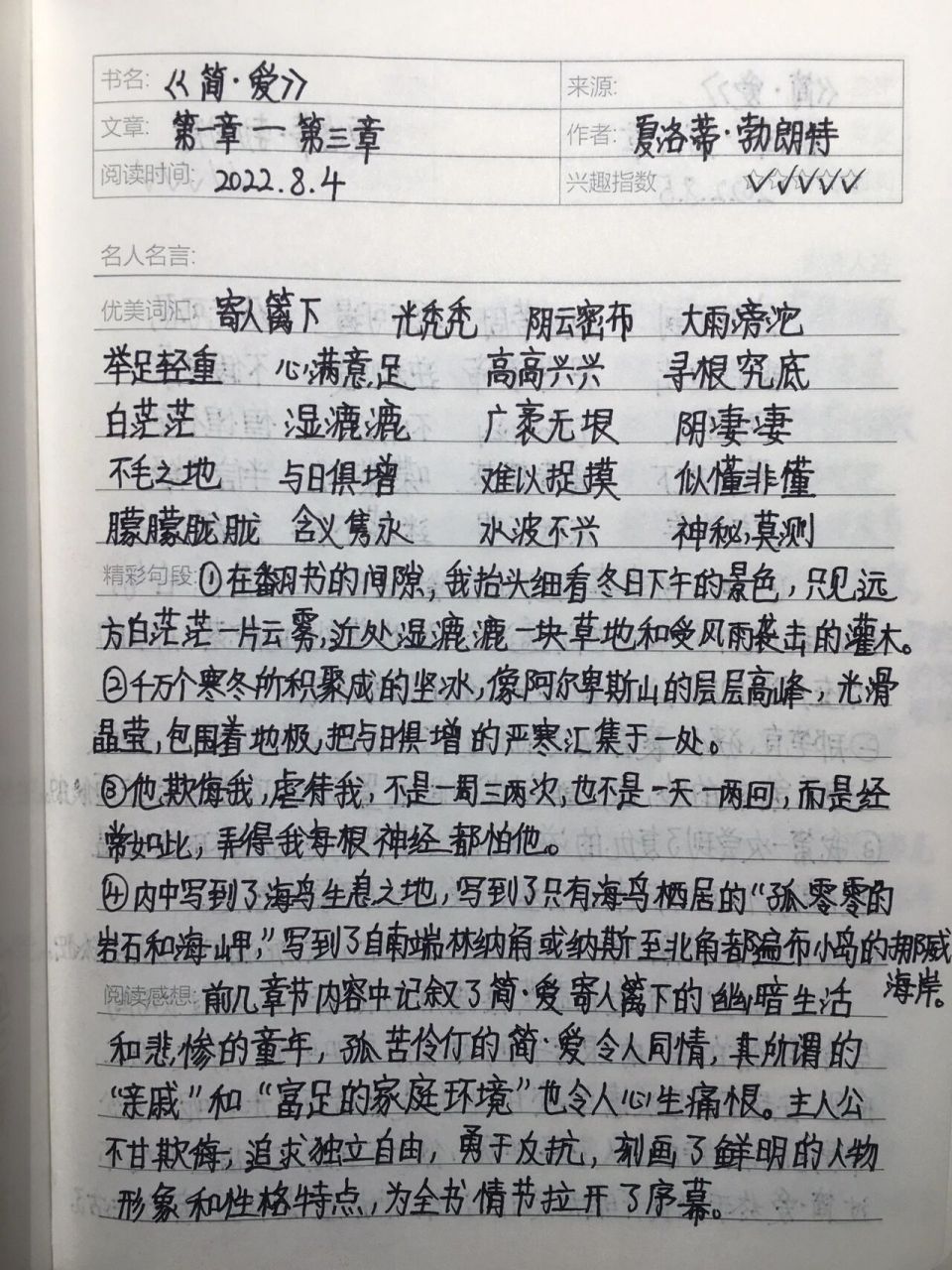 简爱读书笔记摘抄赏析图片