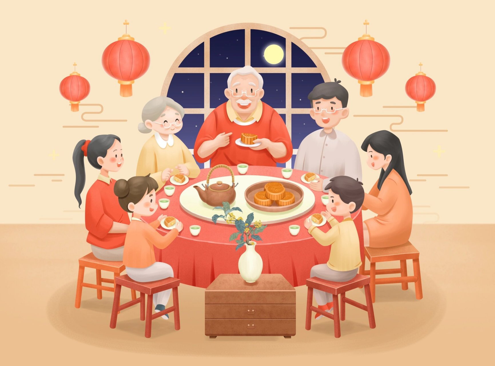 中秋节家人团圆聚餐 8月底画的中秋节插画,丢电脑里忘放出来了,提前祝