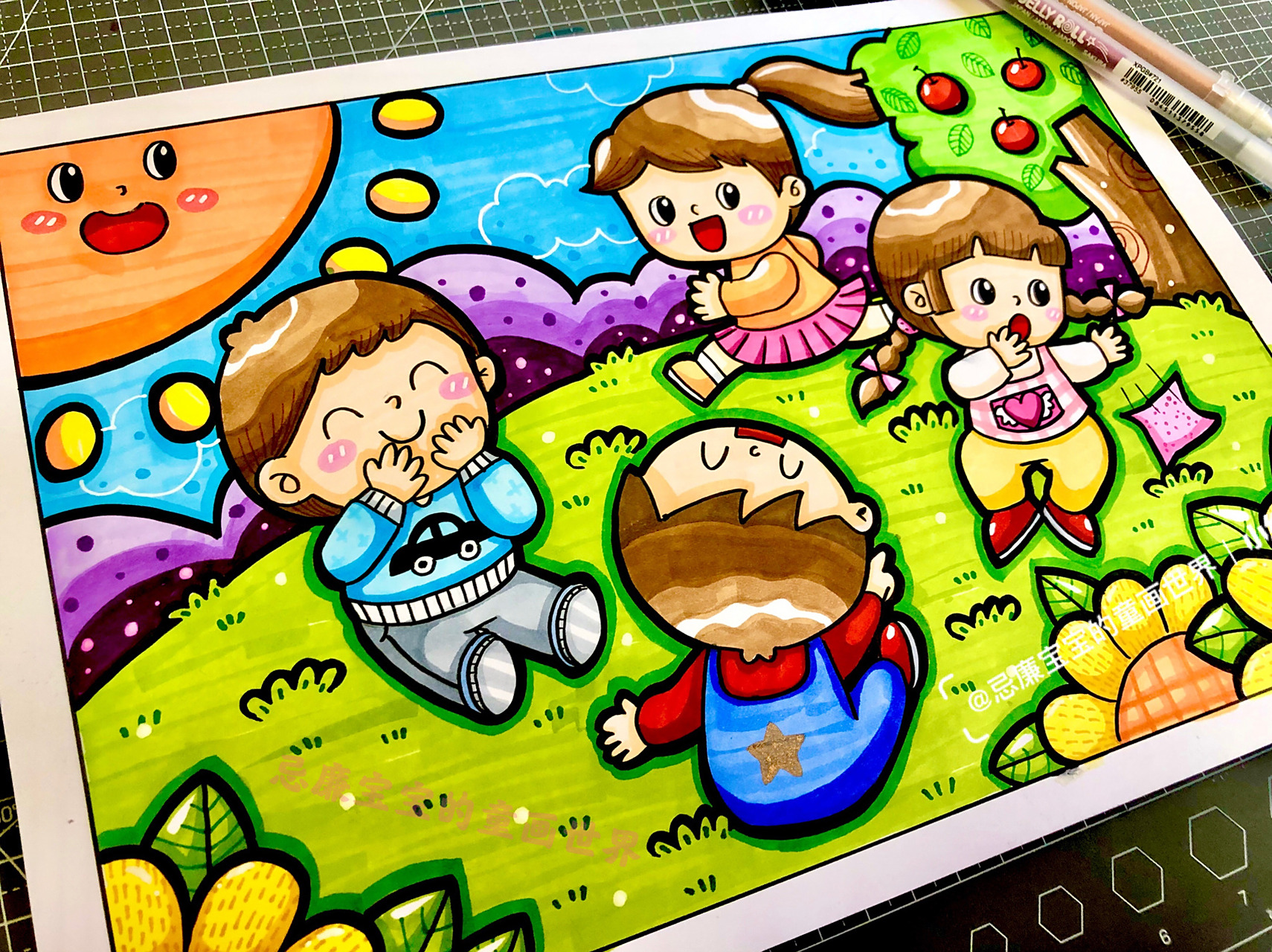 原创儿童画 丢手绢 线描77彩色两用 丢 丢 丢手绢 轻轻地放在小朋友