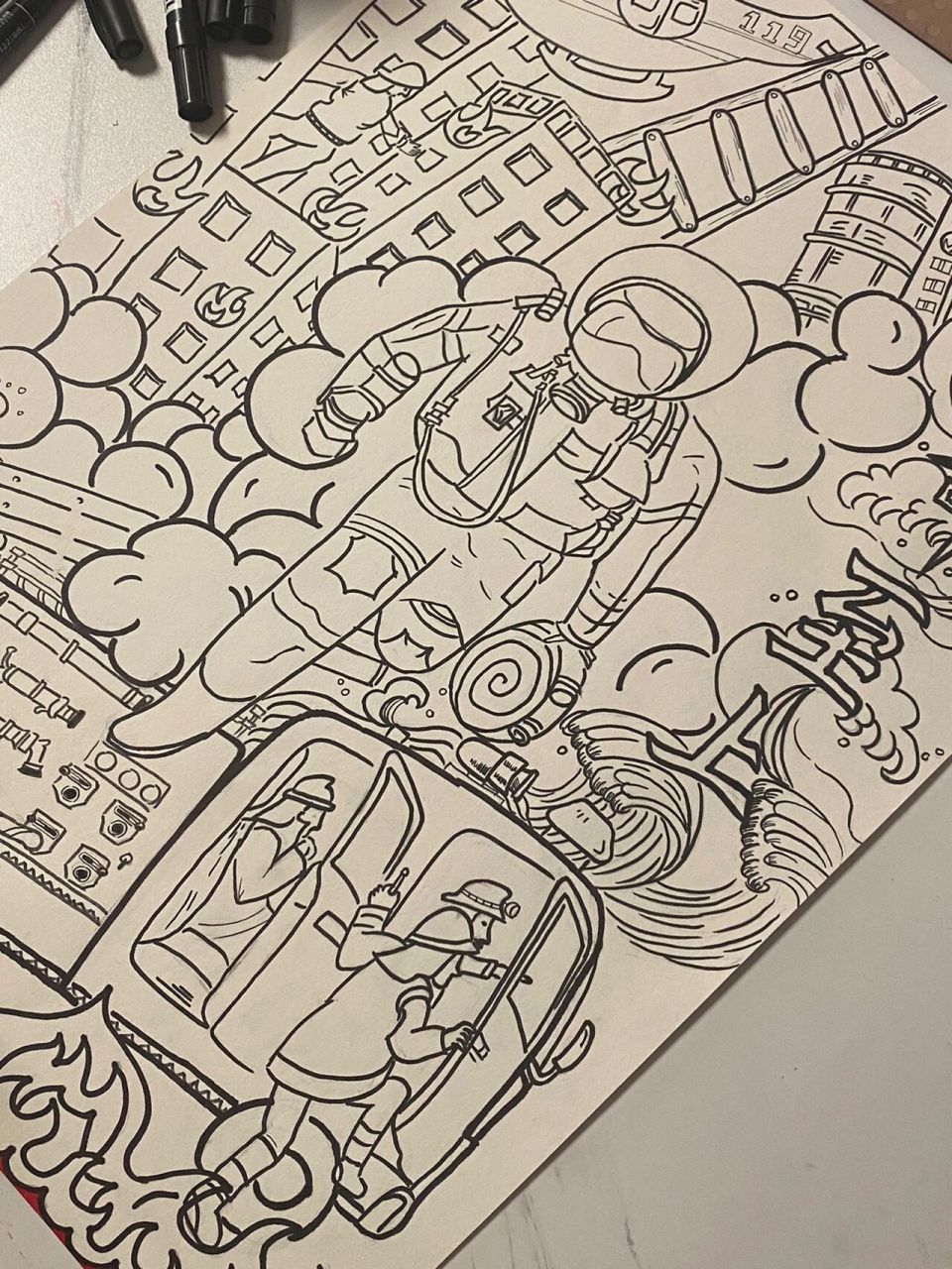 消防安全主题绘画海报|4k马克笔 含草图 原创哦～ 自己加了些创意