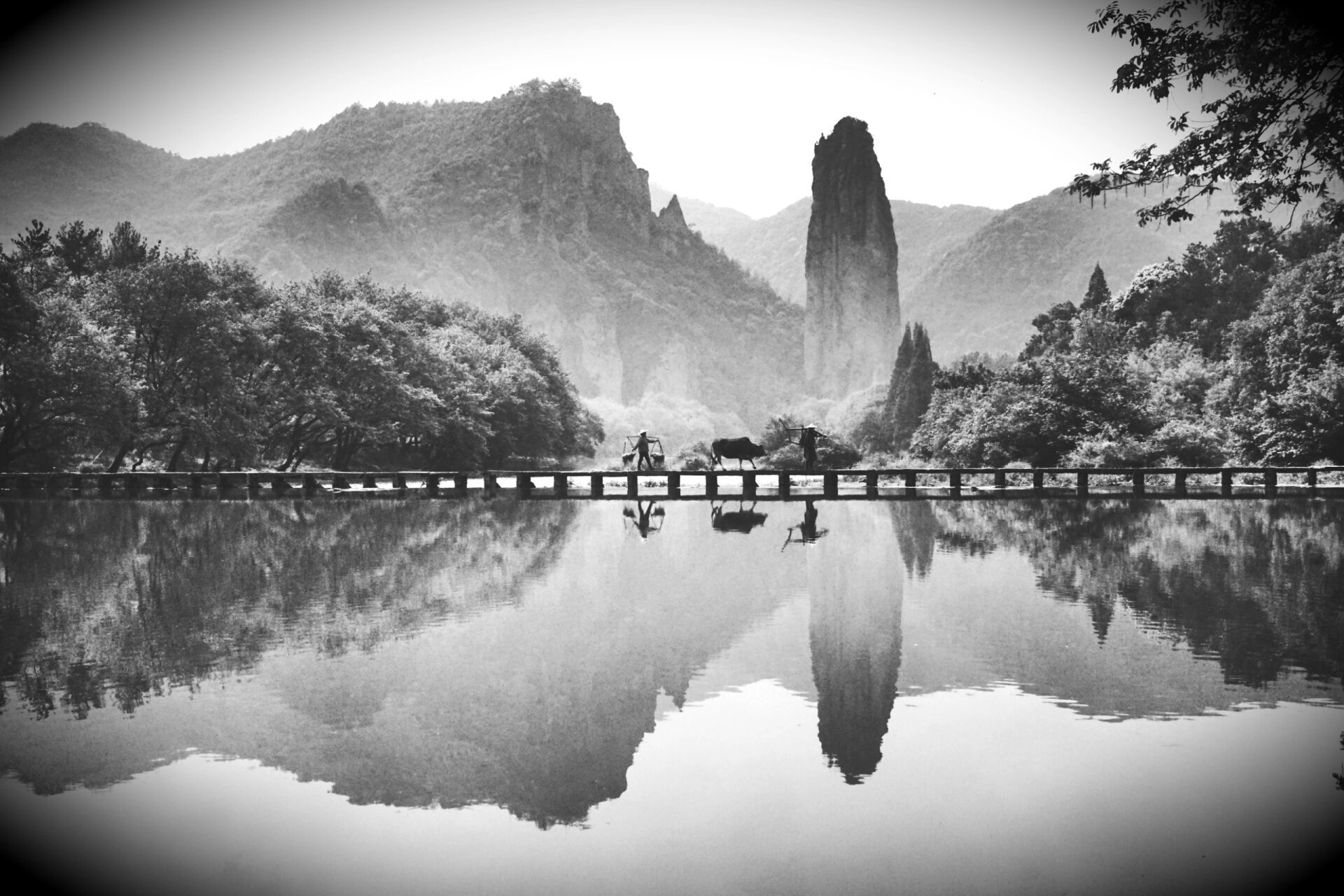 缙云仙都朱潭山—老农牧牛山水间    朱潭山仅有老农牧牛一个"人造"