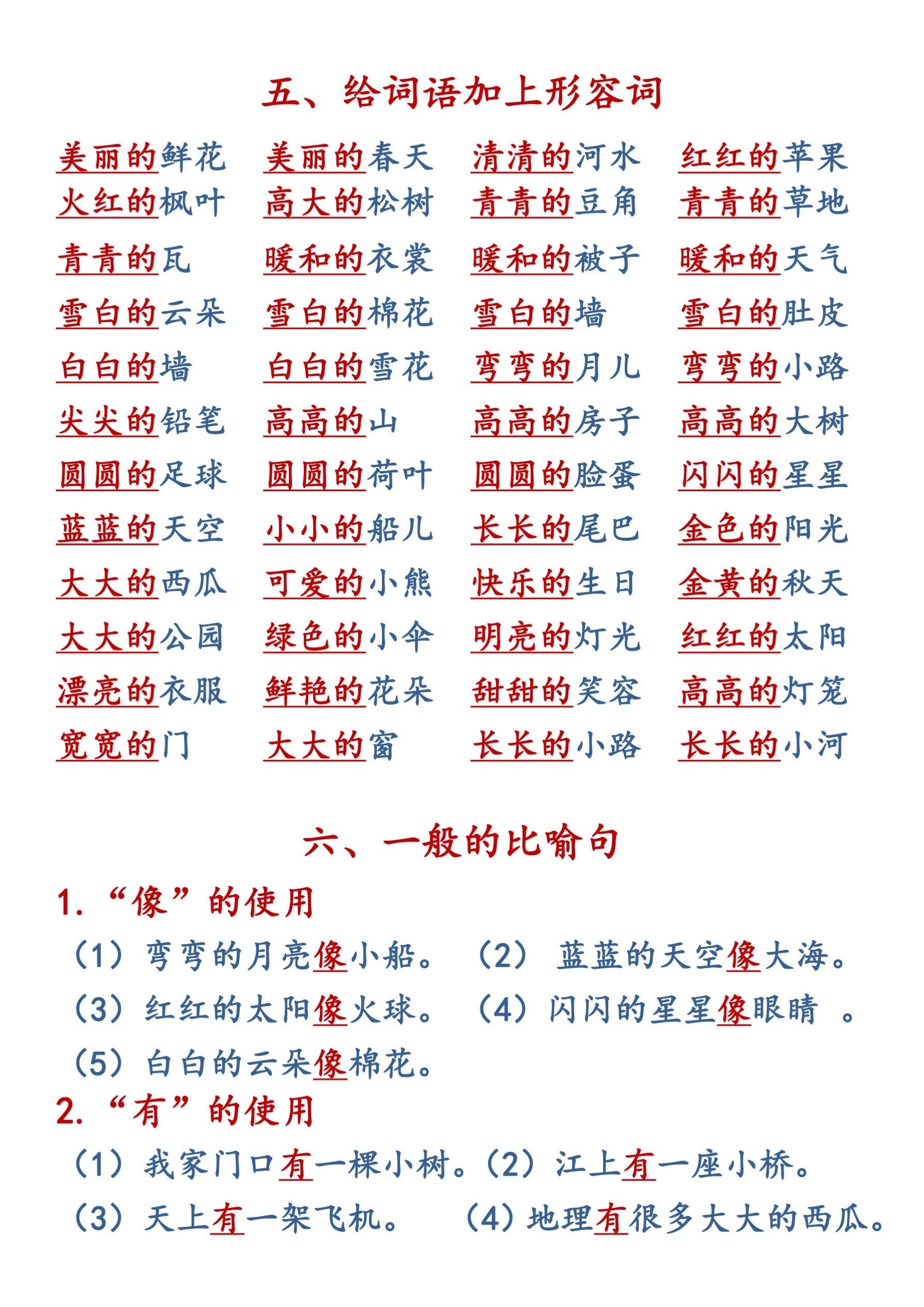 三,量词的使用 四,反义词 五,给词语加上形容词 六,一般的比喻句 七