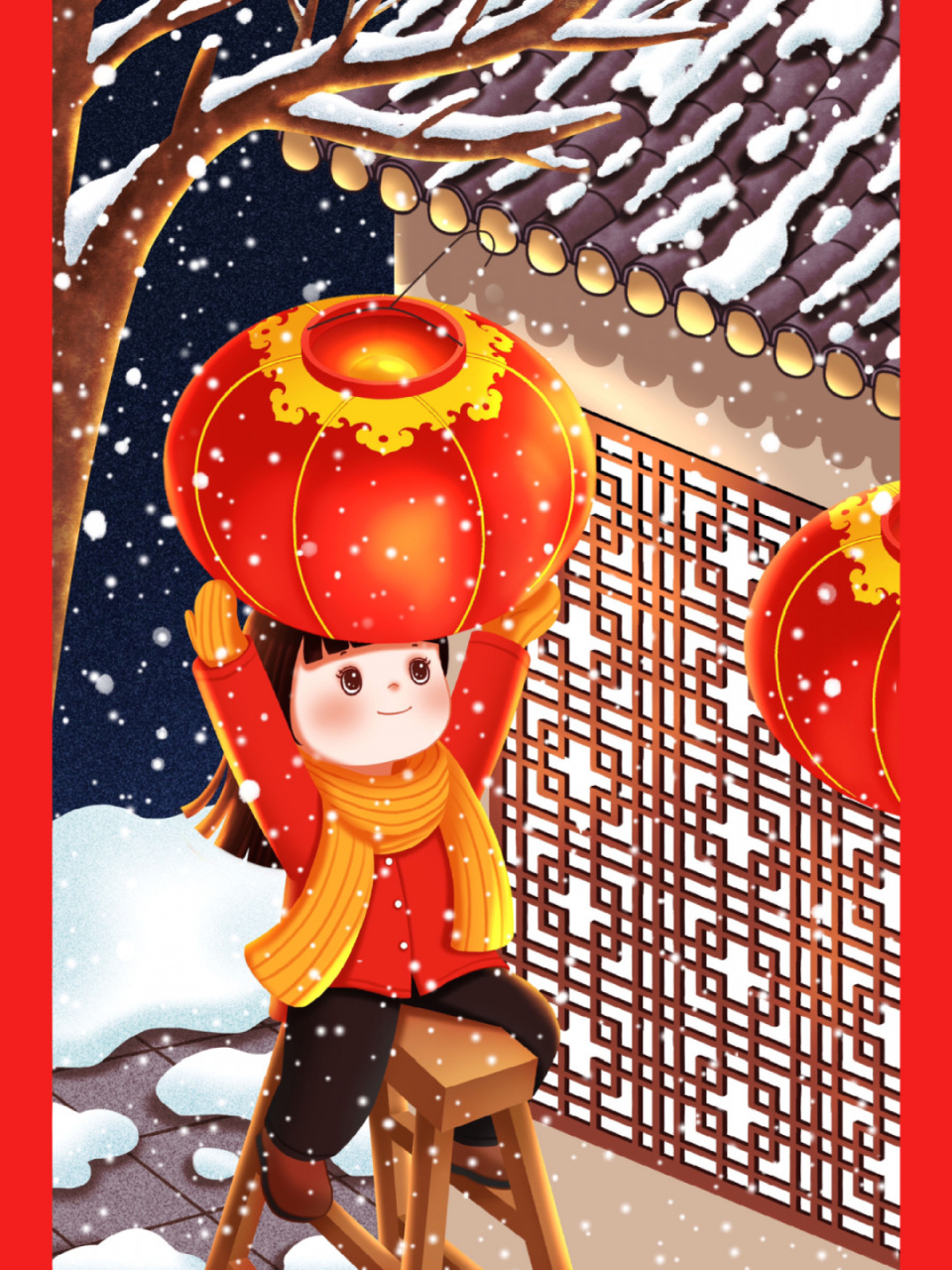 红色喜庆的春节插画又更新了…… 身穿红色衣服女孩挂大红灯笼96,贴