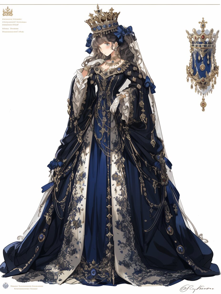 璀璨星光:一件法式宫廷礼服的设计图,身穿一款深蓝色天鹅绒礼服,劝谮