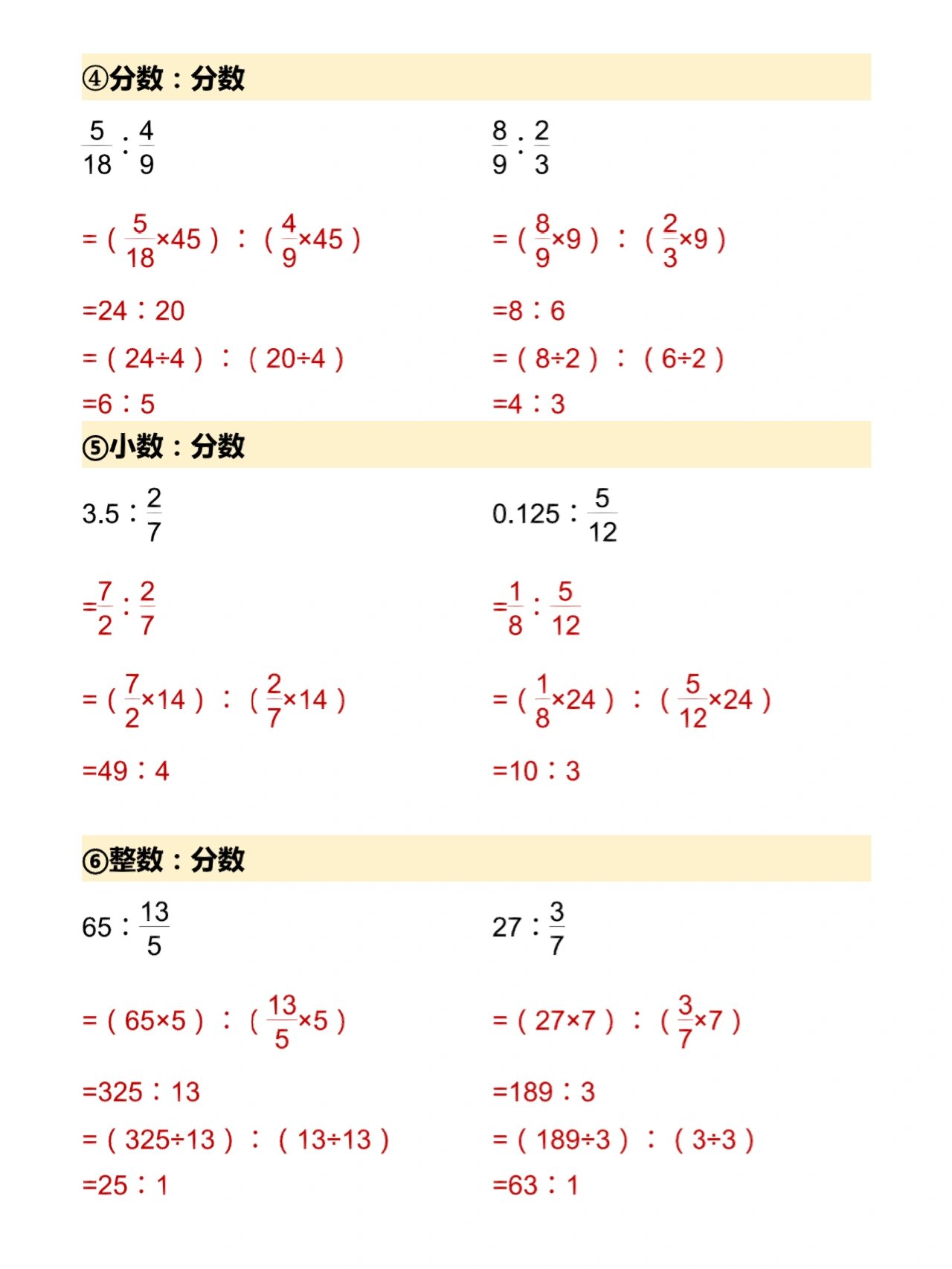 六年级上册数学化简比易错口算题