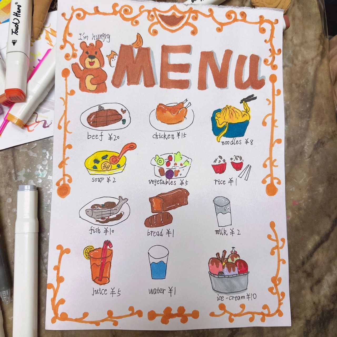 孩子手绘英语菜单
