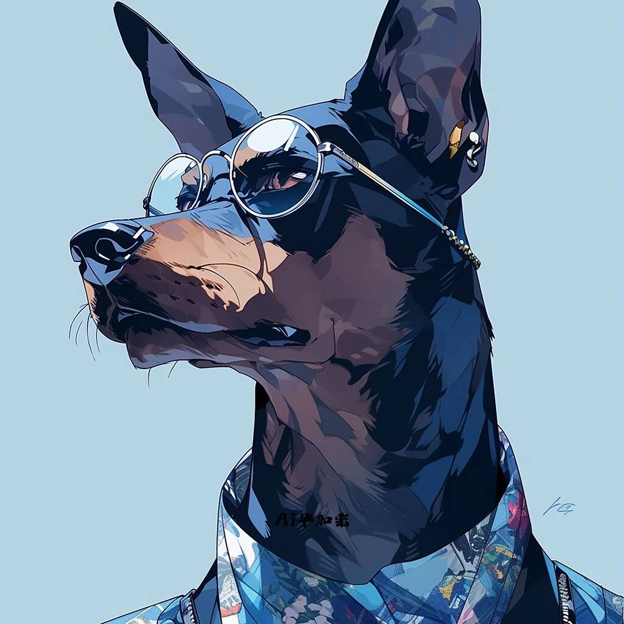 蓝色风暴97戴眼镜的杜宾犬头像插画 杜宾真的好飒哇,不愧是警犬.