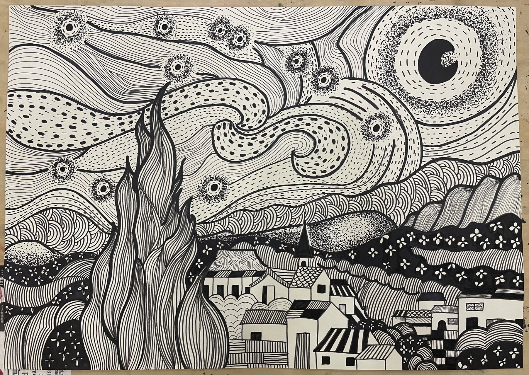 2,欣赏梵高点彩绘图的方法 重点难点: 1, 画出梵高《星空》,用线条的