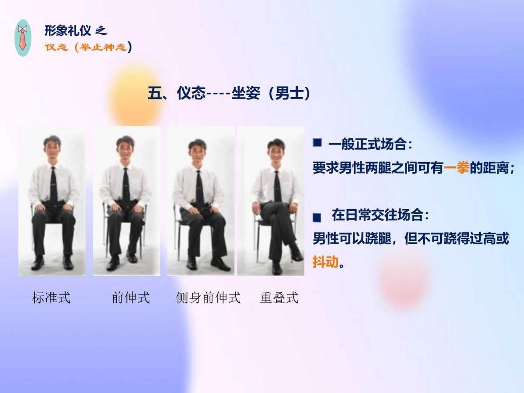 男士的四种坐姿 男士的四种坐姿:标准式,前伸式,侧身前伸式,重叠词