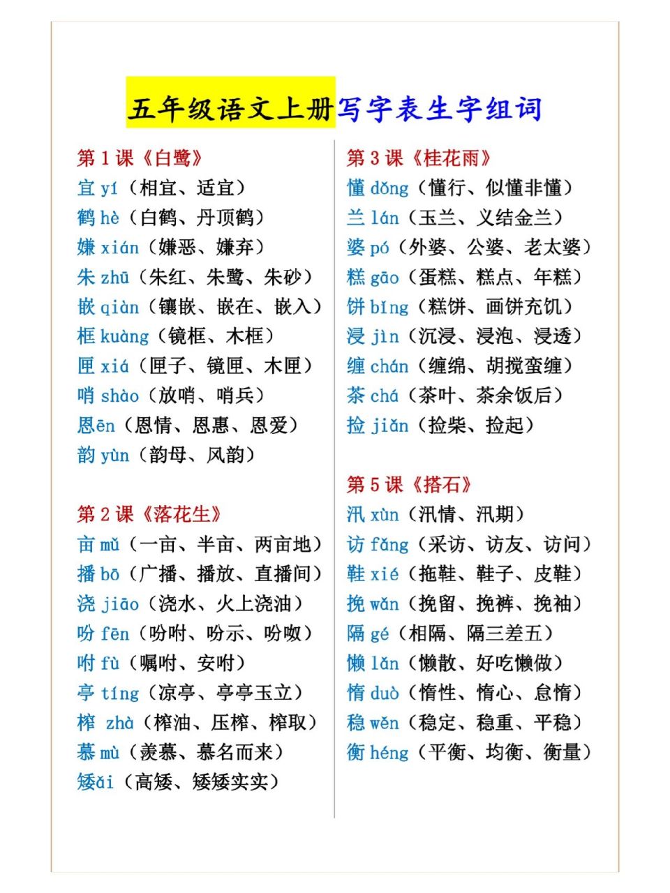 五年级语文上册写字表生字组词汇总