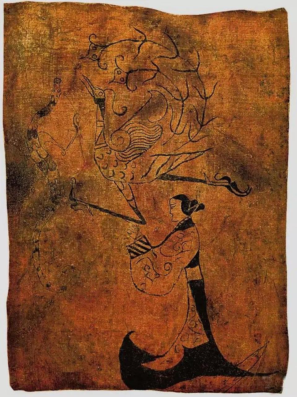 人物龙凤帛画(现藏湖南省博物馆)  战国中期晚段,1949年湖南长沙东