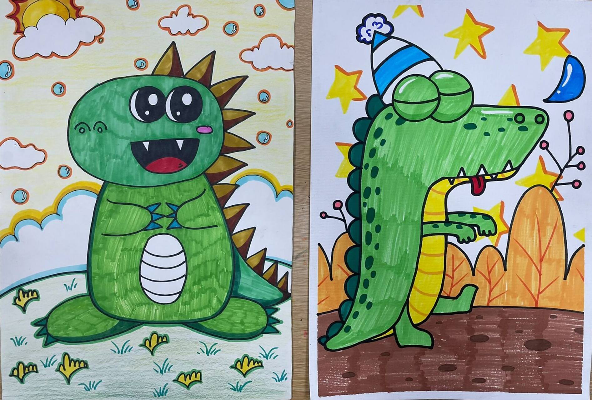 恐龙儿童画合集 材料:素描纸,勾线笔,马克笔,铅笔,橡皮 #绘画# #恐龙