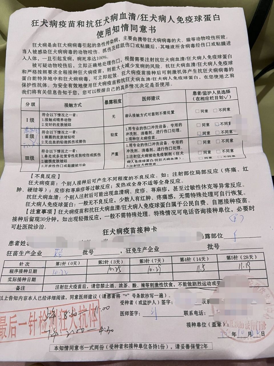 狂犬疫苗五针必须全部打完吗 昨天被猫挠了一下,不放心打了一针狂犬