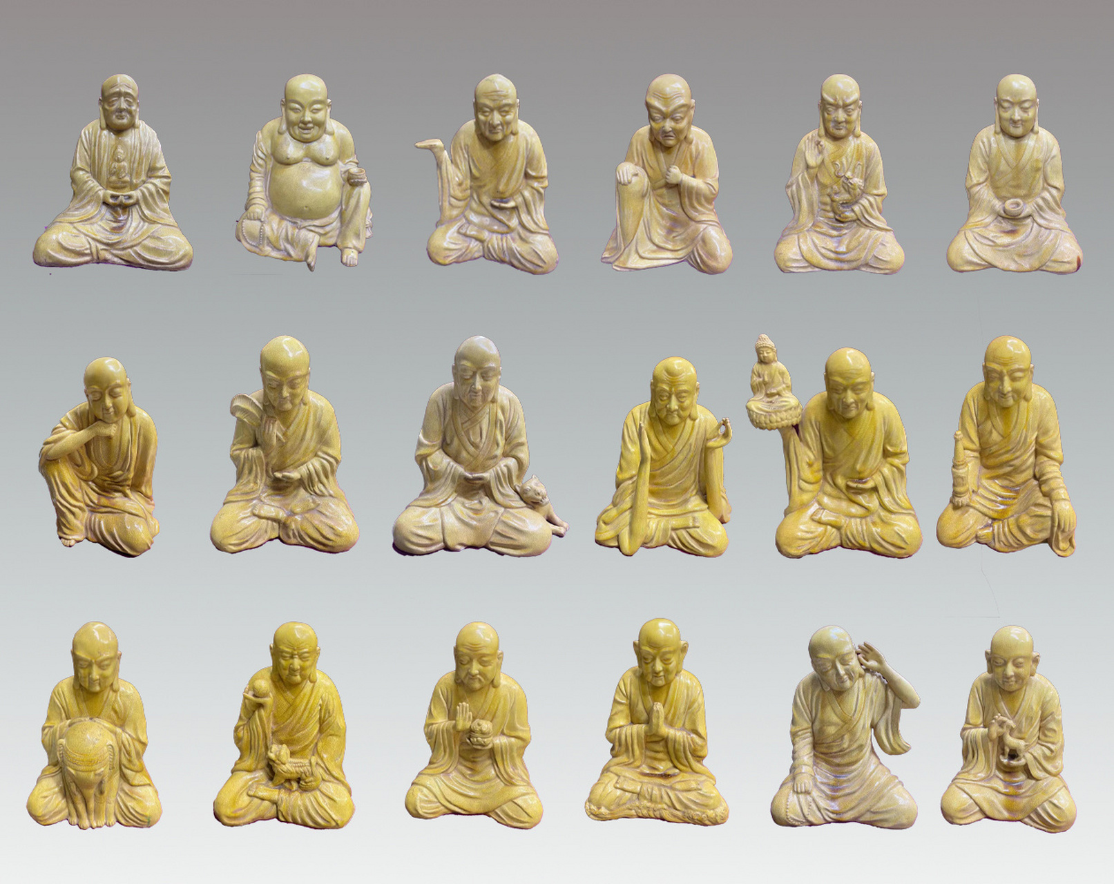 根据中国十八罗汉的典故,在北宋造就了十八罗汉的造像,唯黄釉造像中的