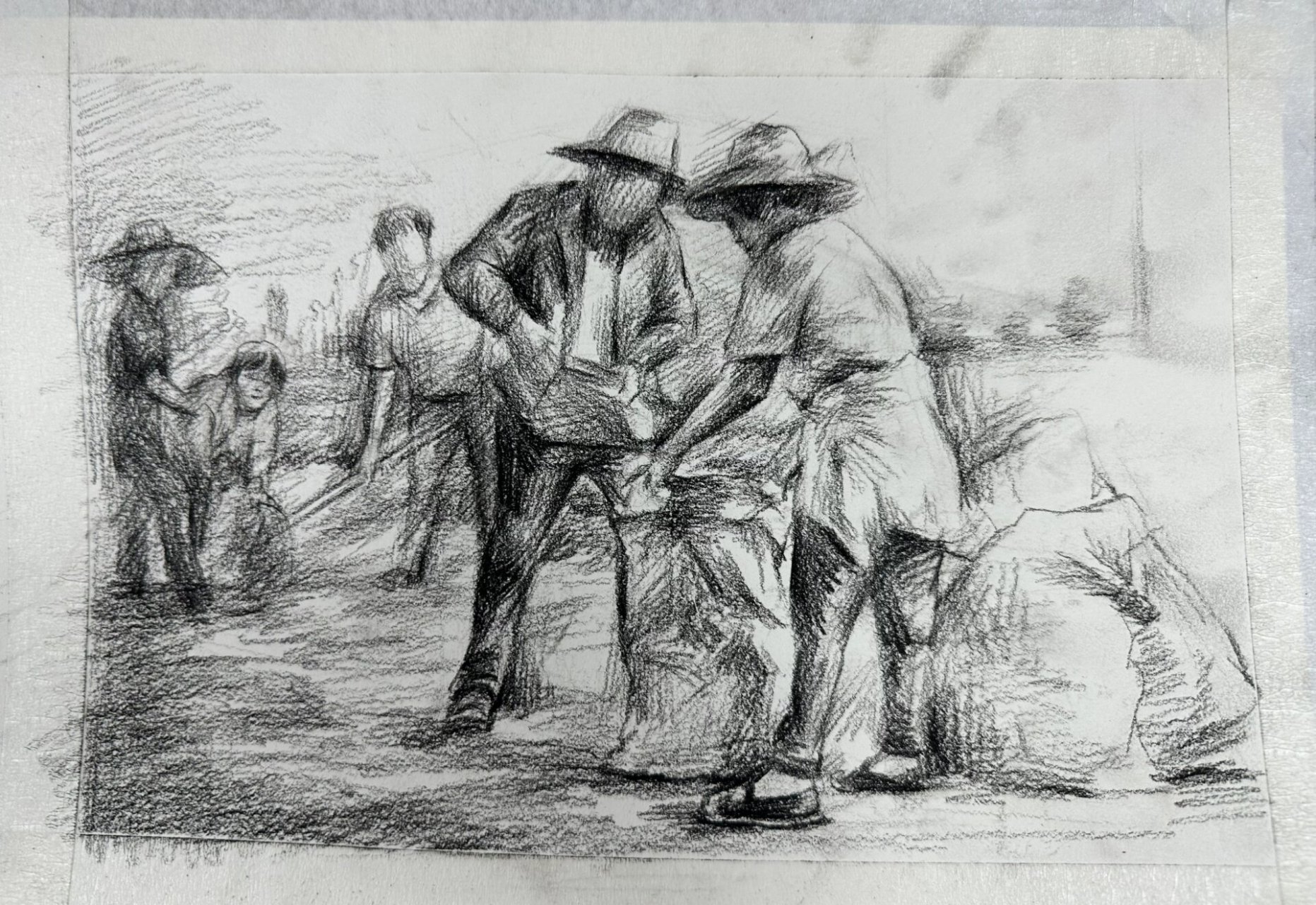 多人速写场景黑白灰色稿【收麦,丰收,田野】 工具:软炭