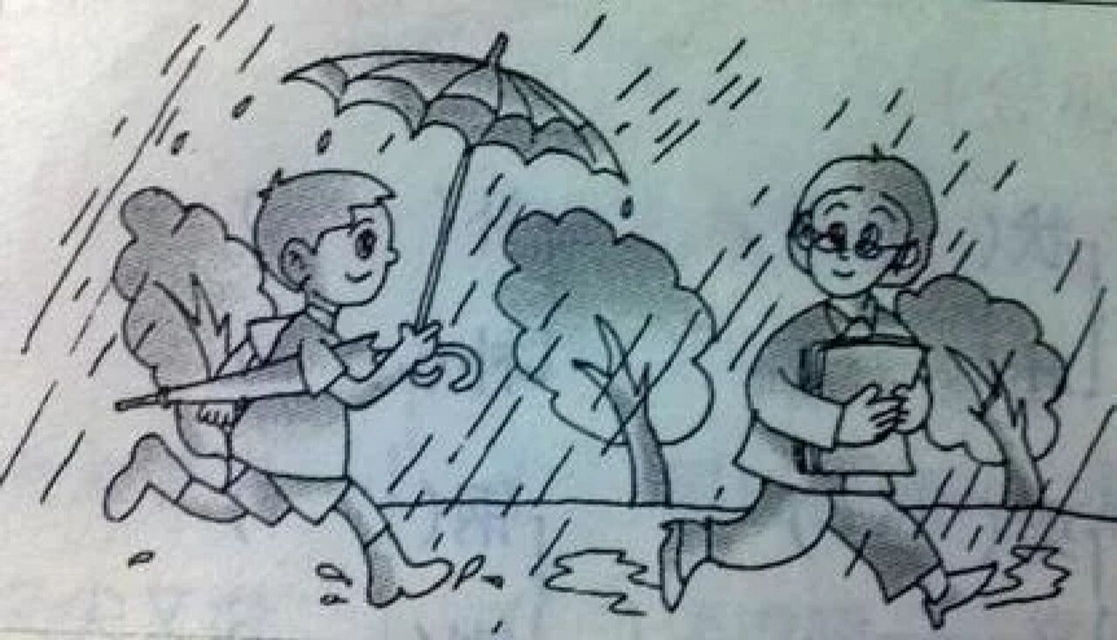 看图写话撑伞 雨中图片