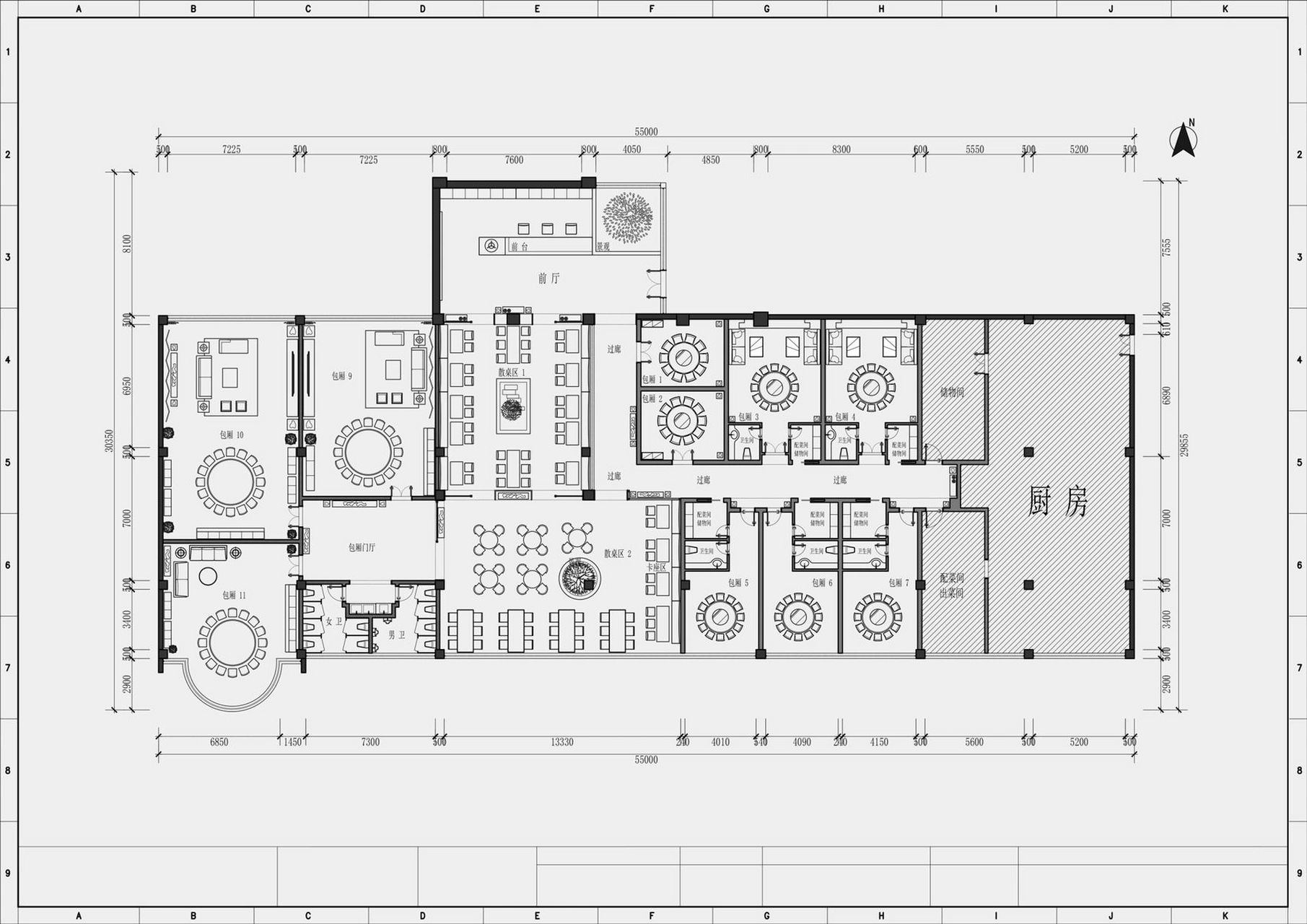 个人平面合计(二)餐厅类平面布局图 图一:1140平  全套方案在主页编号