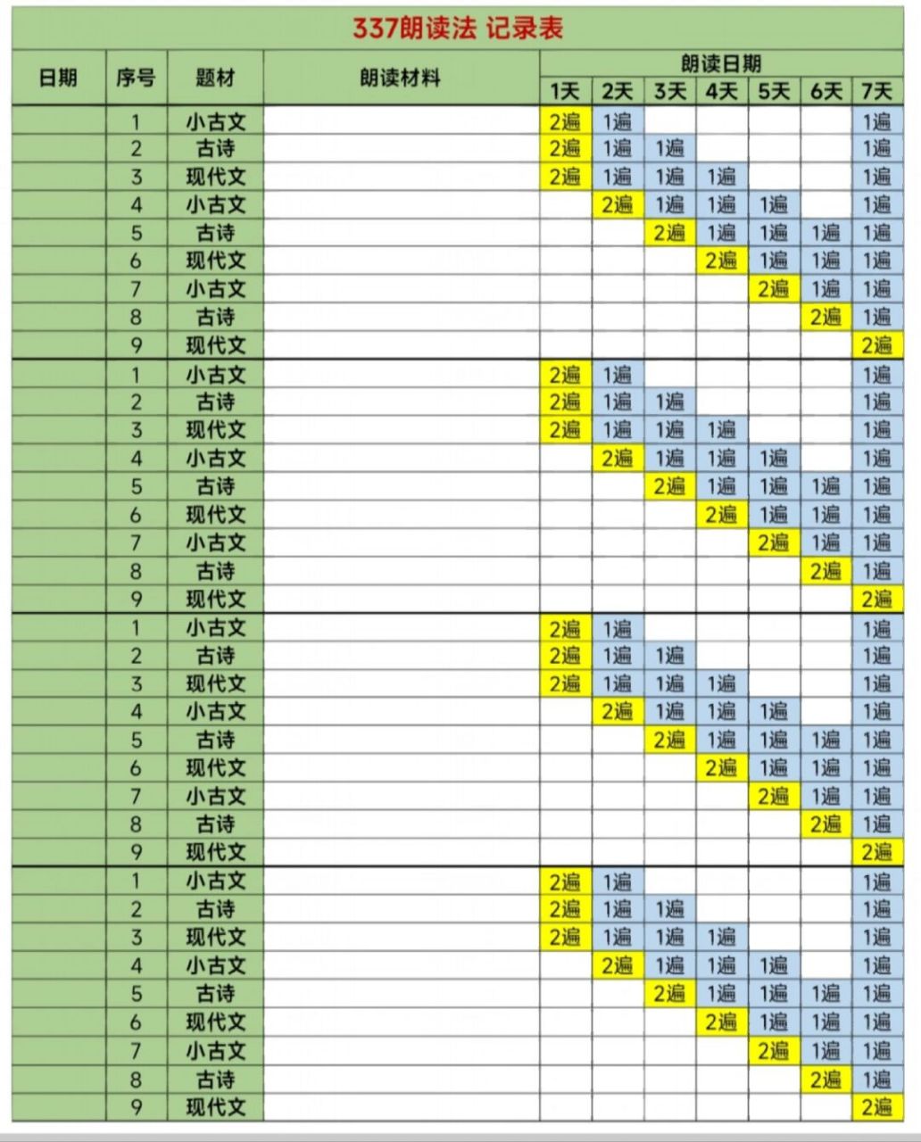 21天记忆法表格打印图片