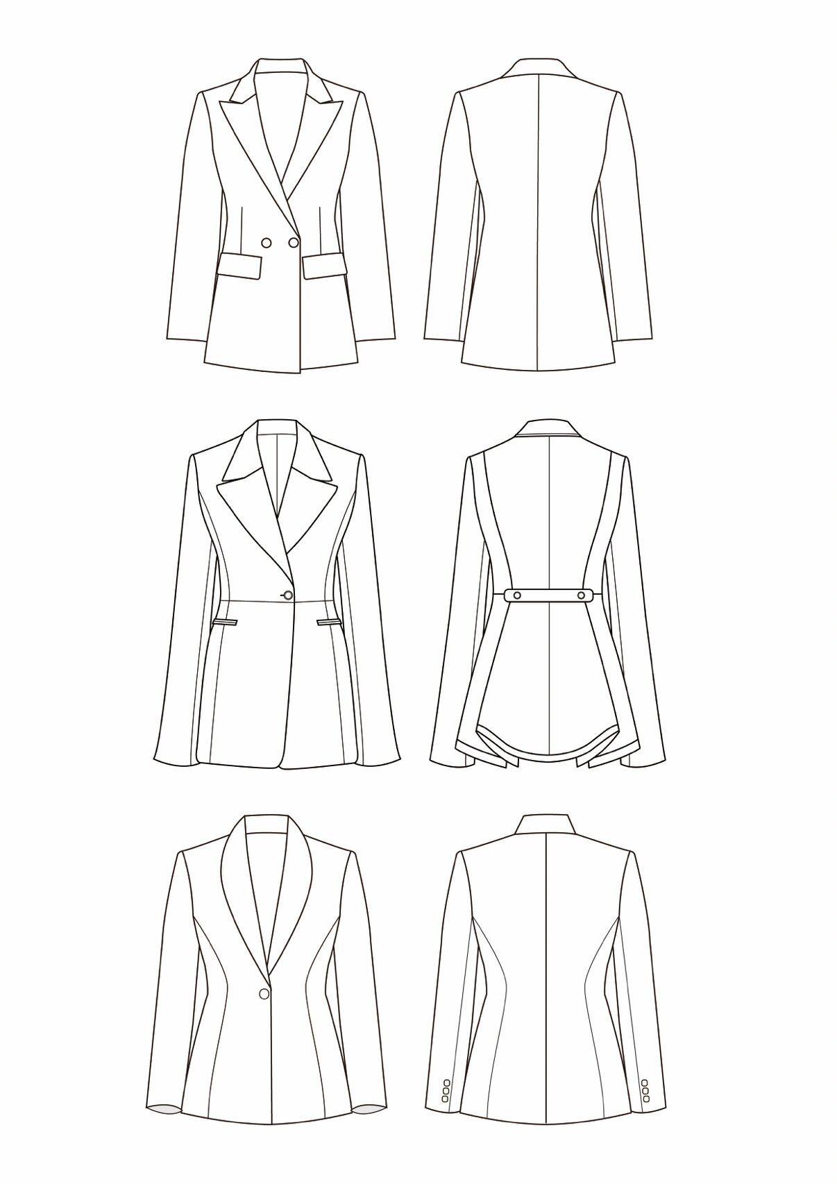 西装外套款式图正反面 女士西服西装正反面ai款式图线稿自制模板