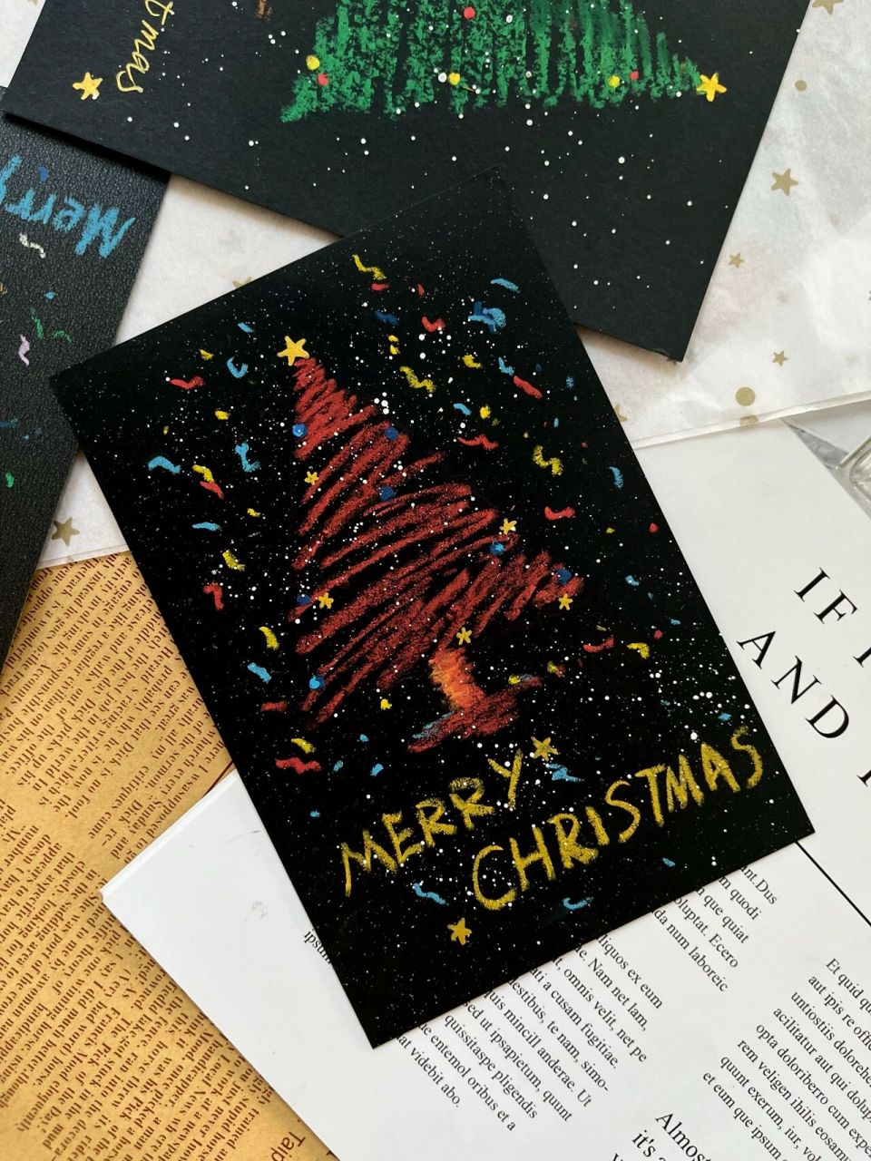 油画棒课程 黑卡纸圣诞树9078 用黑卡纸画了一组简笔画圣诞树90