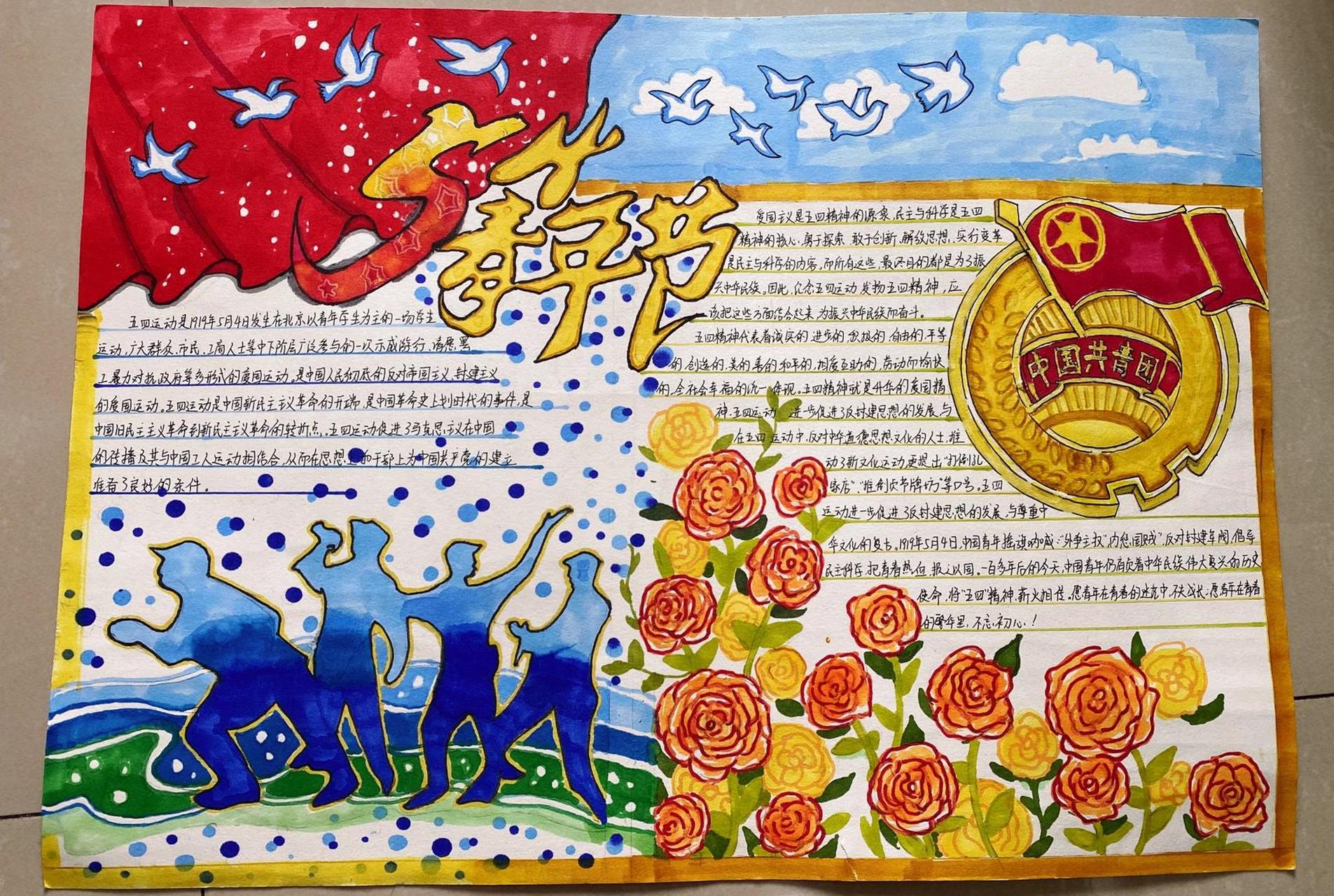 五四青年节手抄报~ 主题:弘扬五四精神 奉献火热青春~