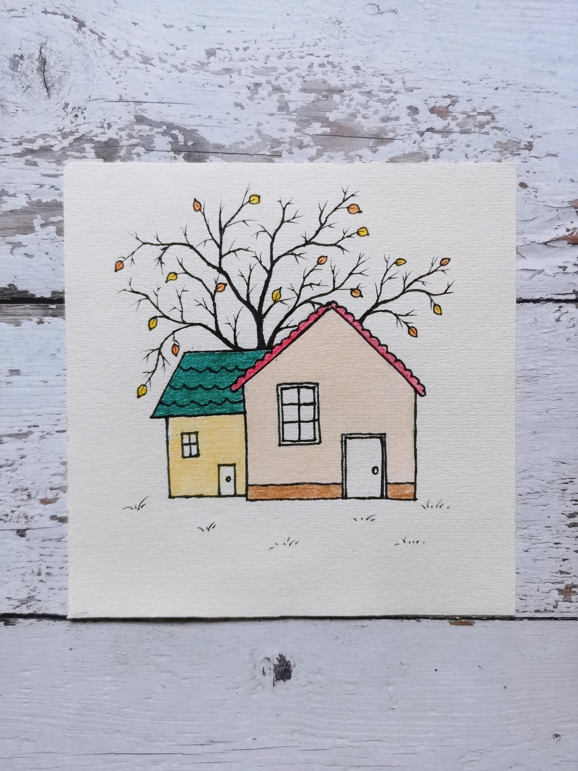 彩铅简笔画风景 画两个高低不同的小房子,涂上不同的颜色,后面画一棵