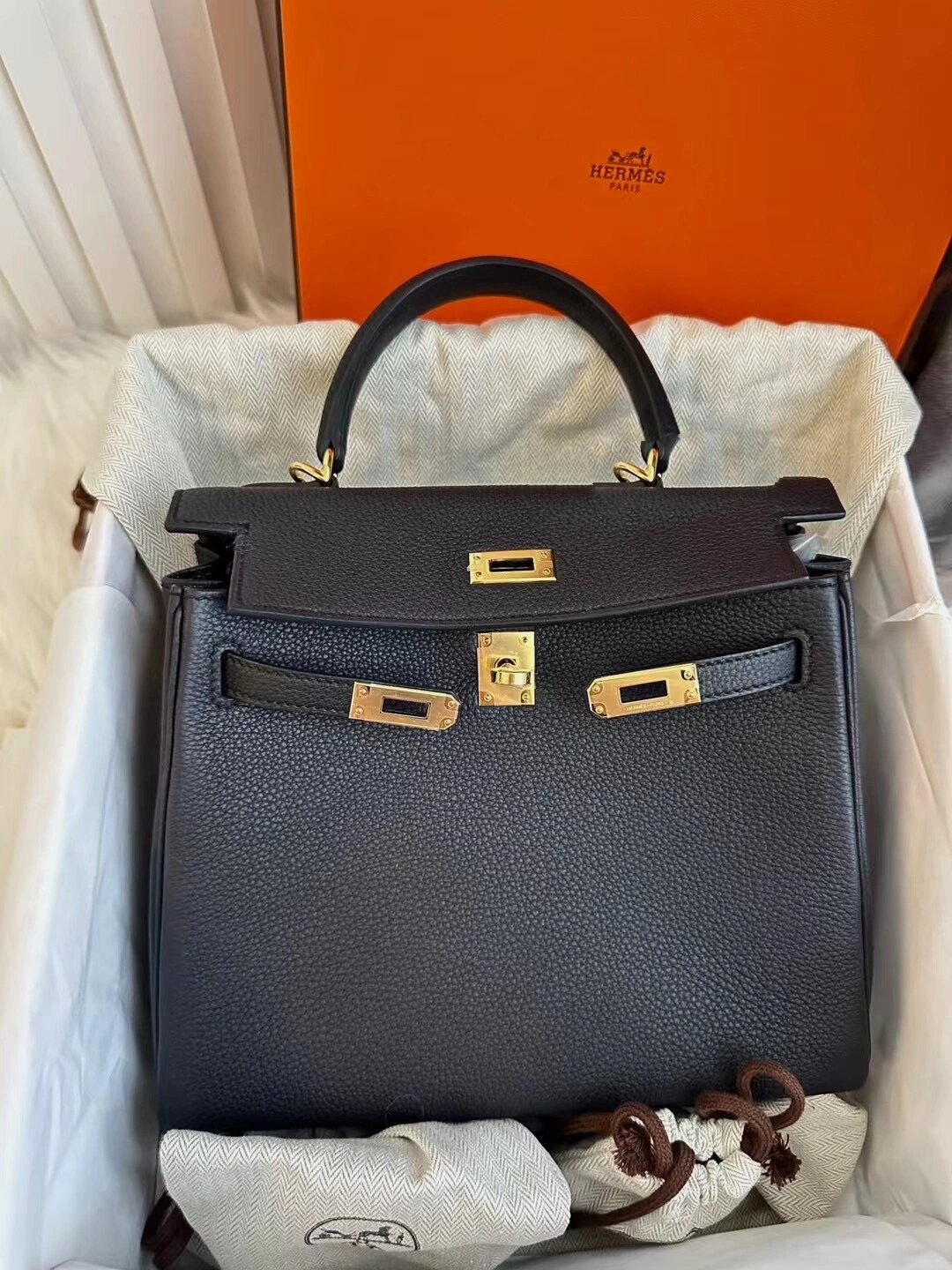94hermes爱马仕kelly25黑金togo皮b