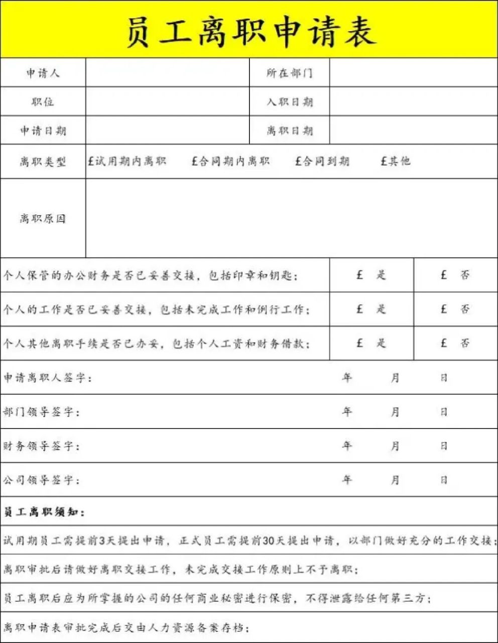 员工辞职简单表格图片图片