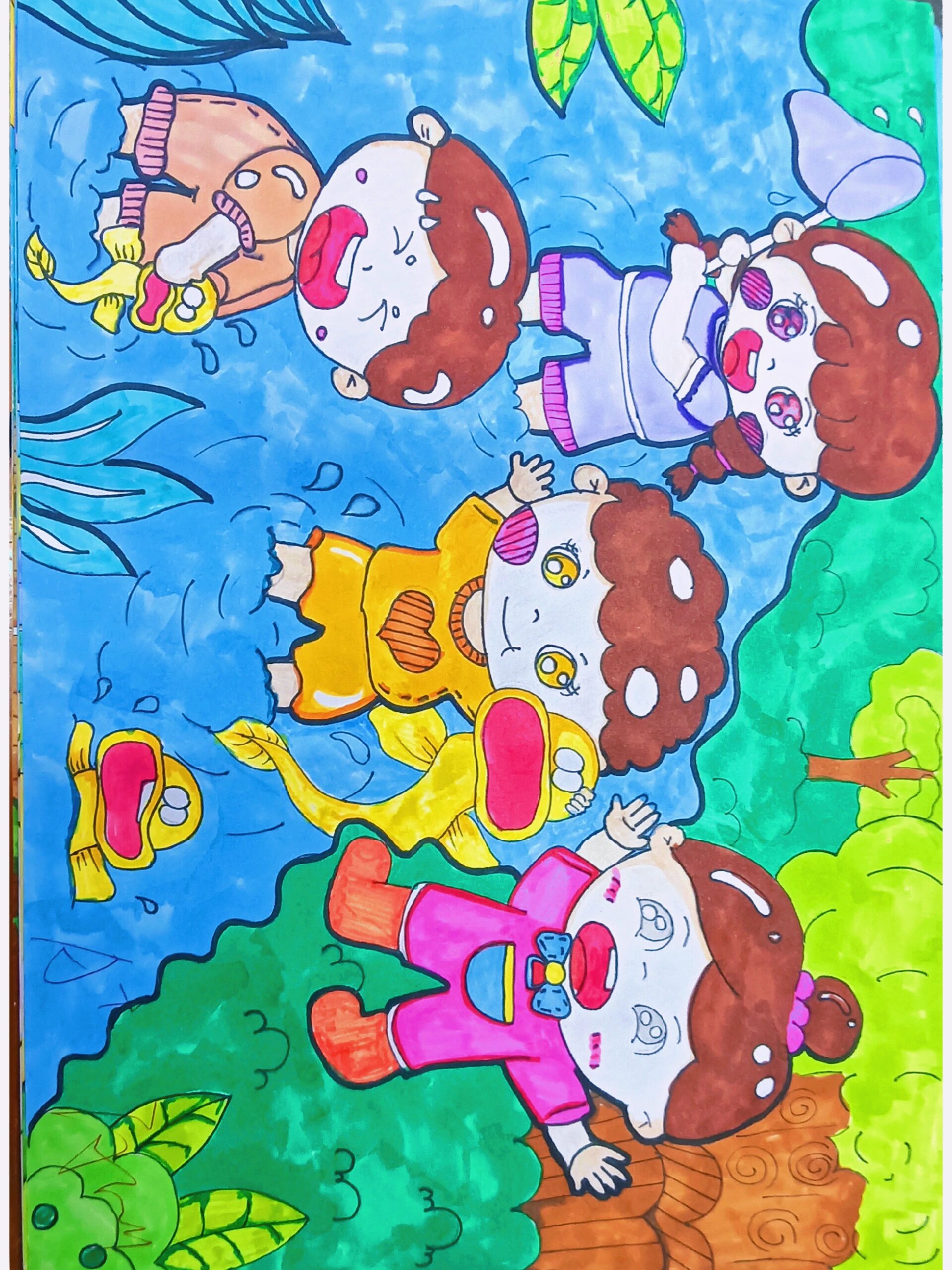 捉泥鳅(幼儿情景画)