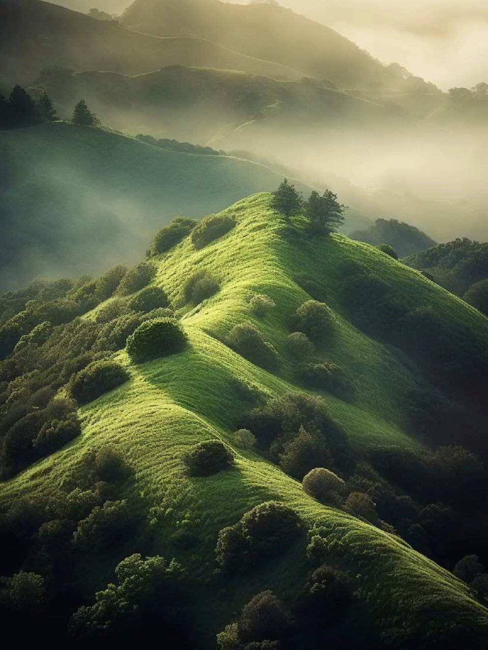 草原山丘 关键词:green,marin headlands, thick low - lying fog