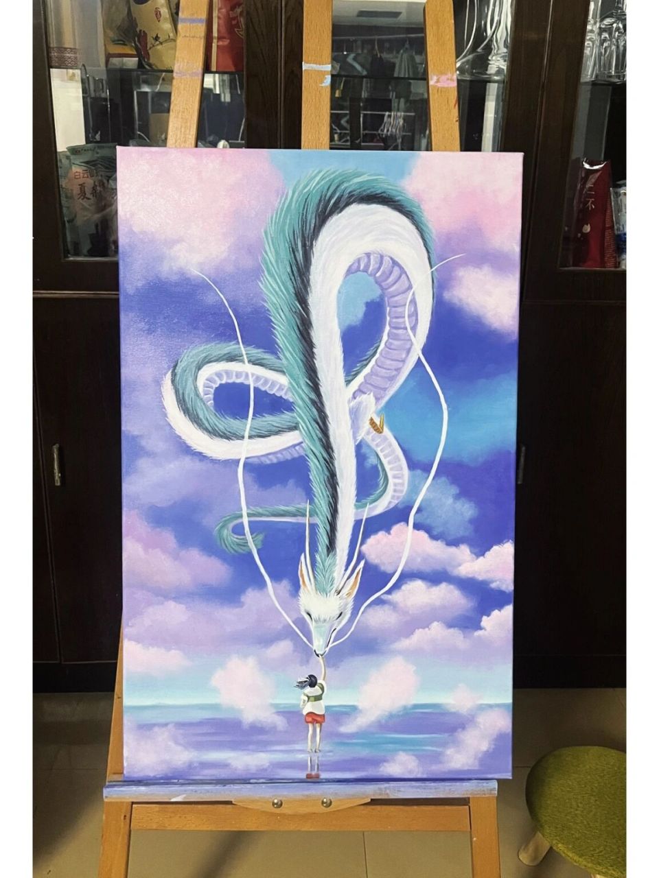 千寻白龙|油画手绘宫崎骏动漫 颜料:油画颜料 尺寸:50*80 画框:亚麻