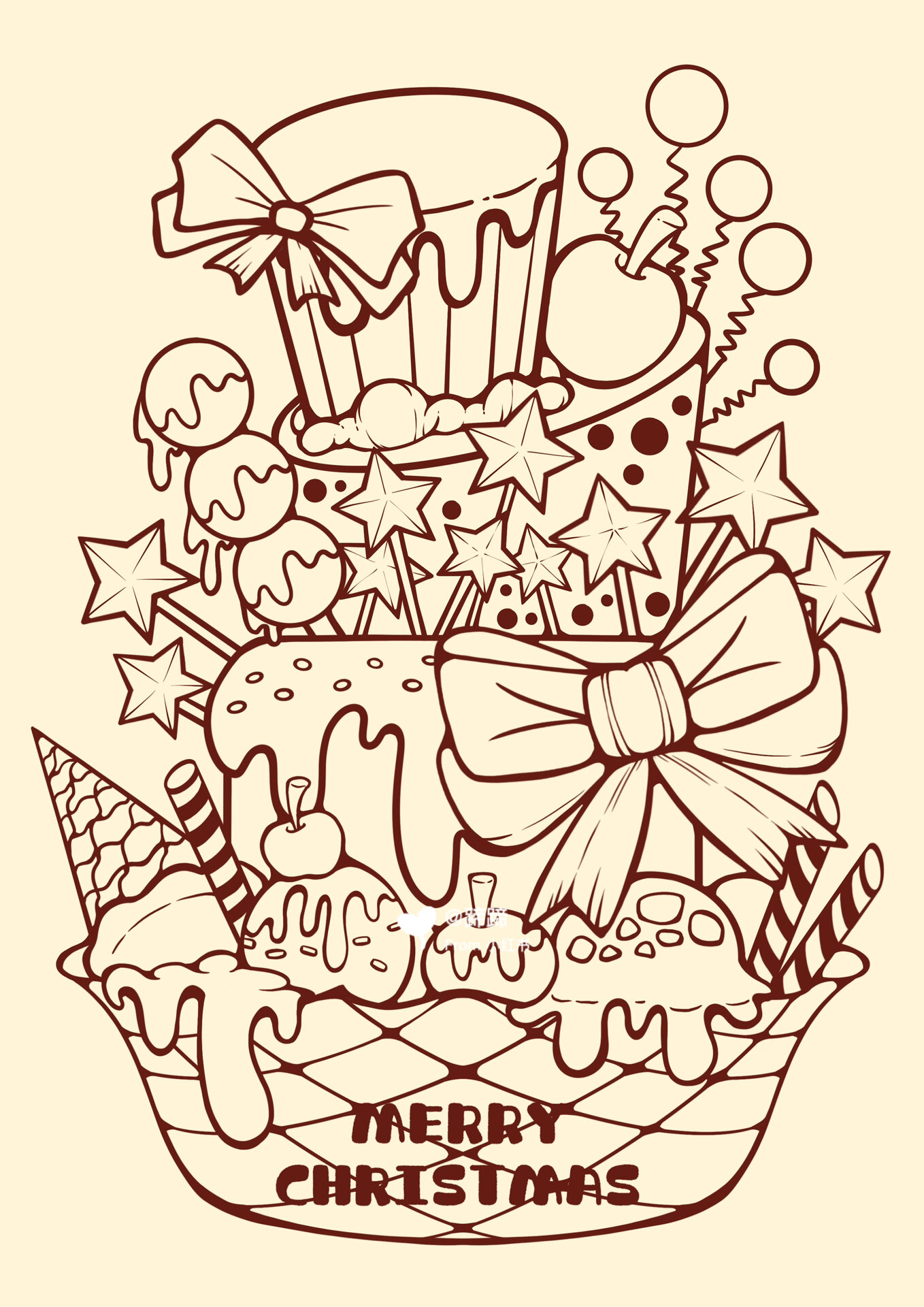 黑白线稿|涂鸦|圣诞|蛋糕|插画