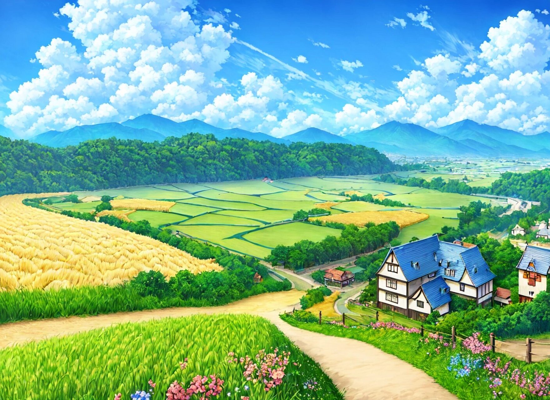 美丽的乡村田园生活 明媚阳光,绿色的草坪,弯弯曲曲的小河,远处的山脉