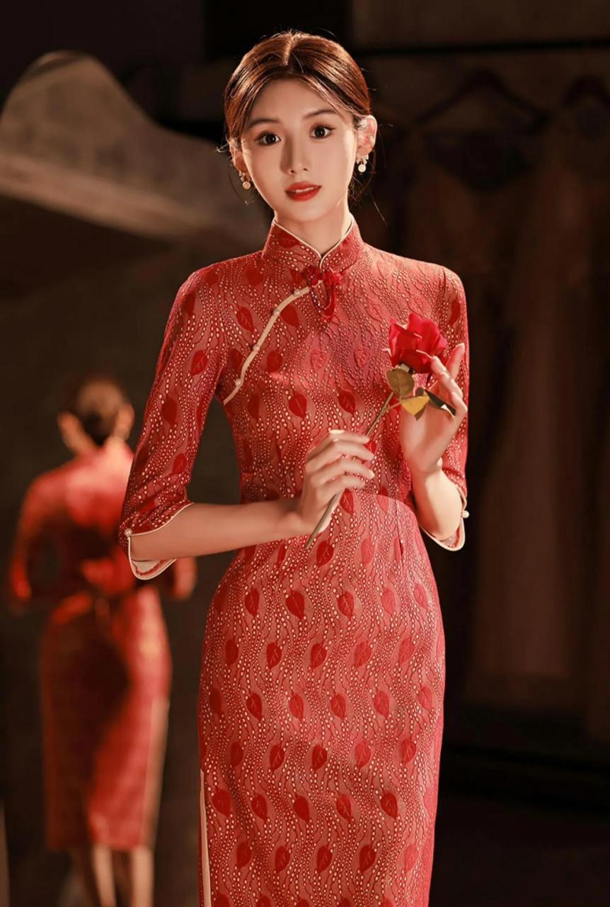 aiximin | 敬酒服新娘旗袍,长袖订婚连衣裙,中式礼服秋季复古气质高端