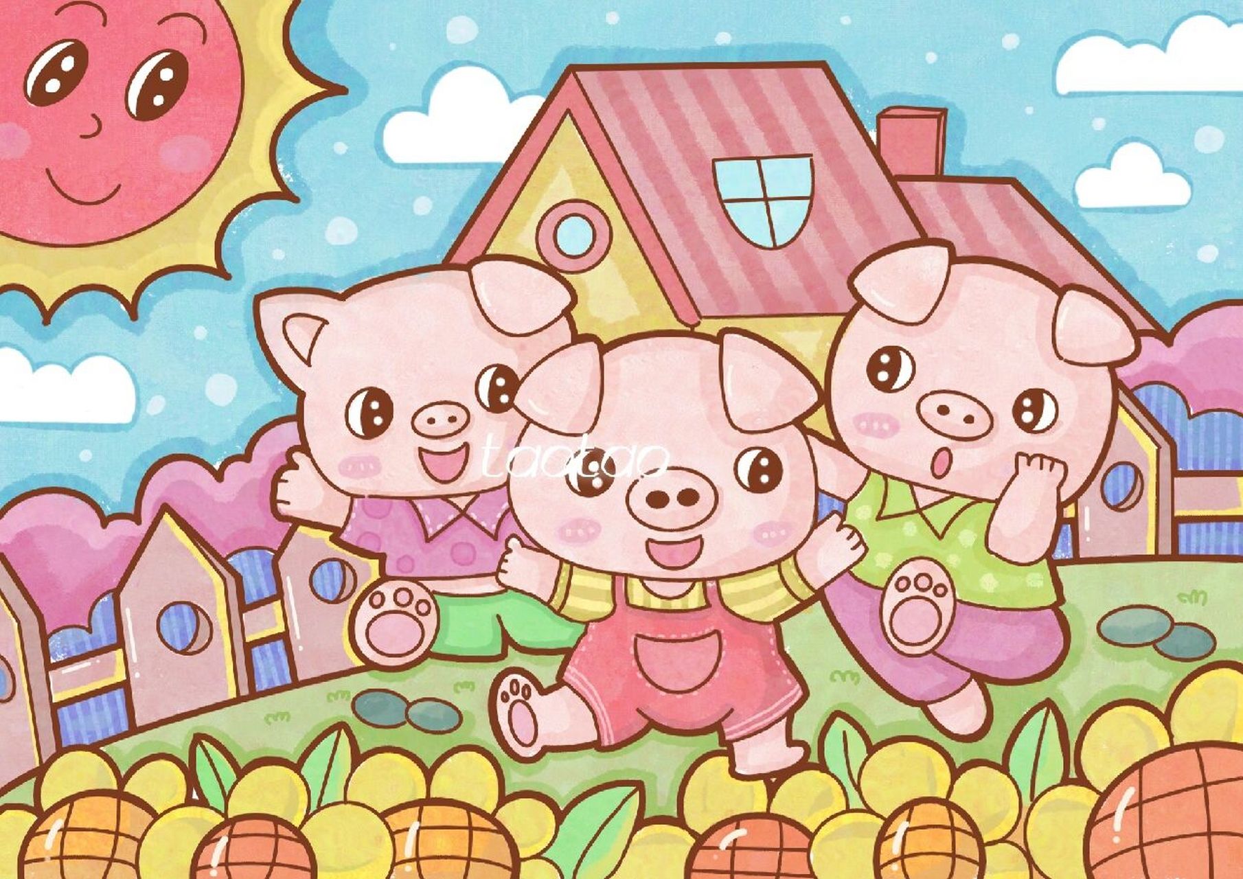 三只小猪简笔画涂色图片