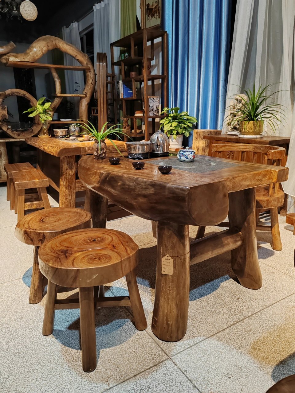高端家用原木小茶台套装个性异形实木茶桌椅