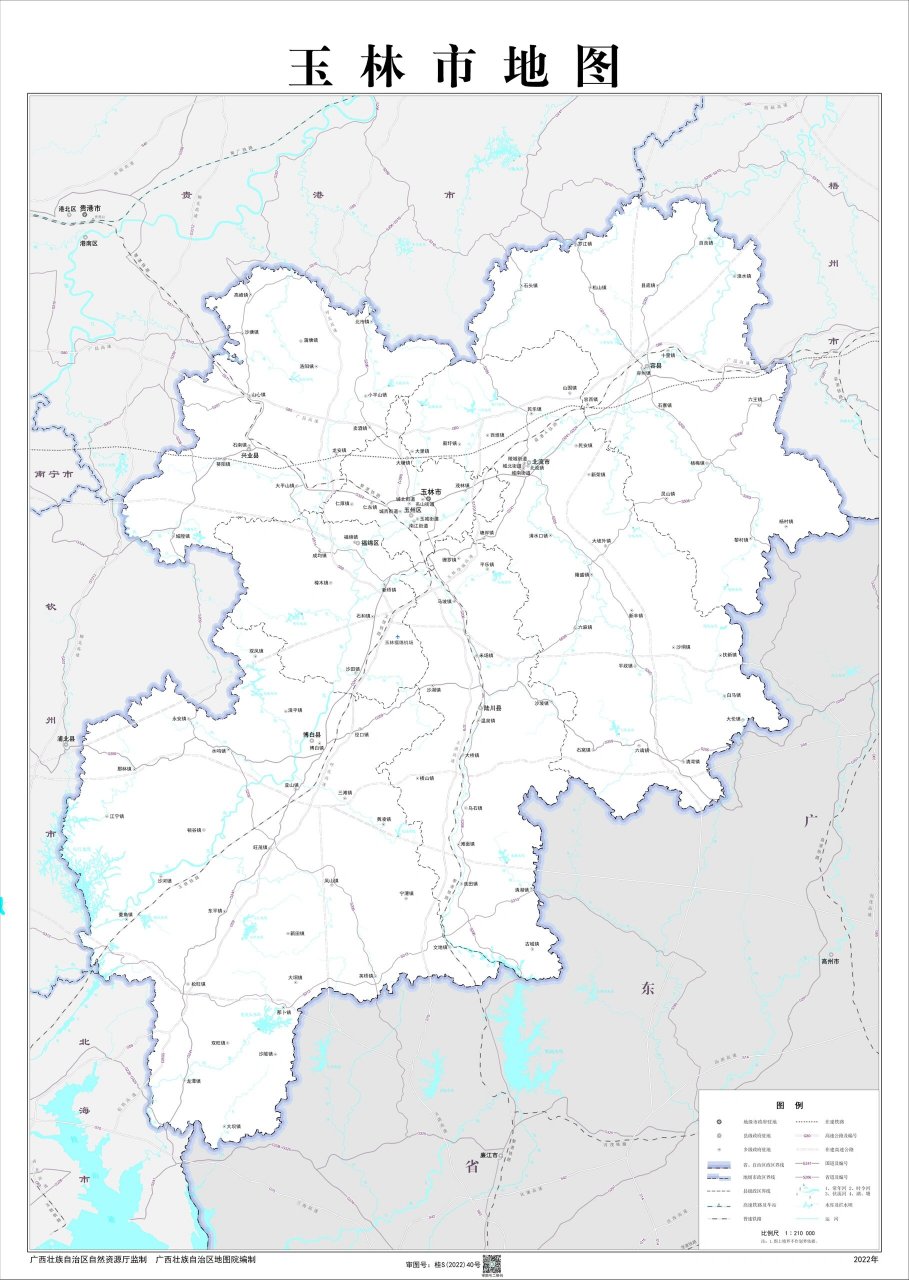 区4县1市行政区划图 1玉林市 2玉州区 3福绵区 4容县 5陆川县 6博白县